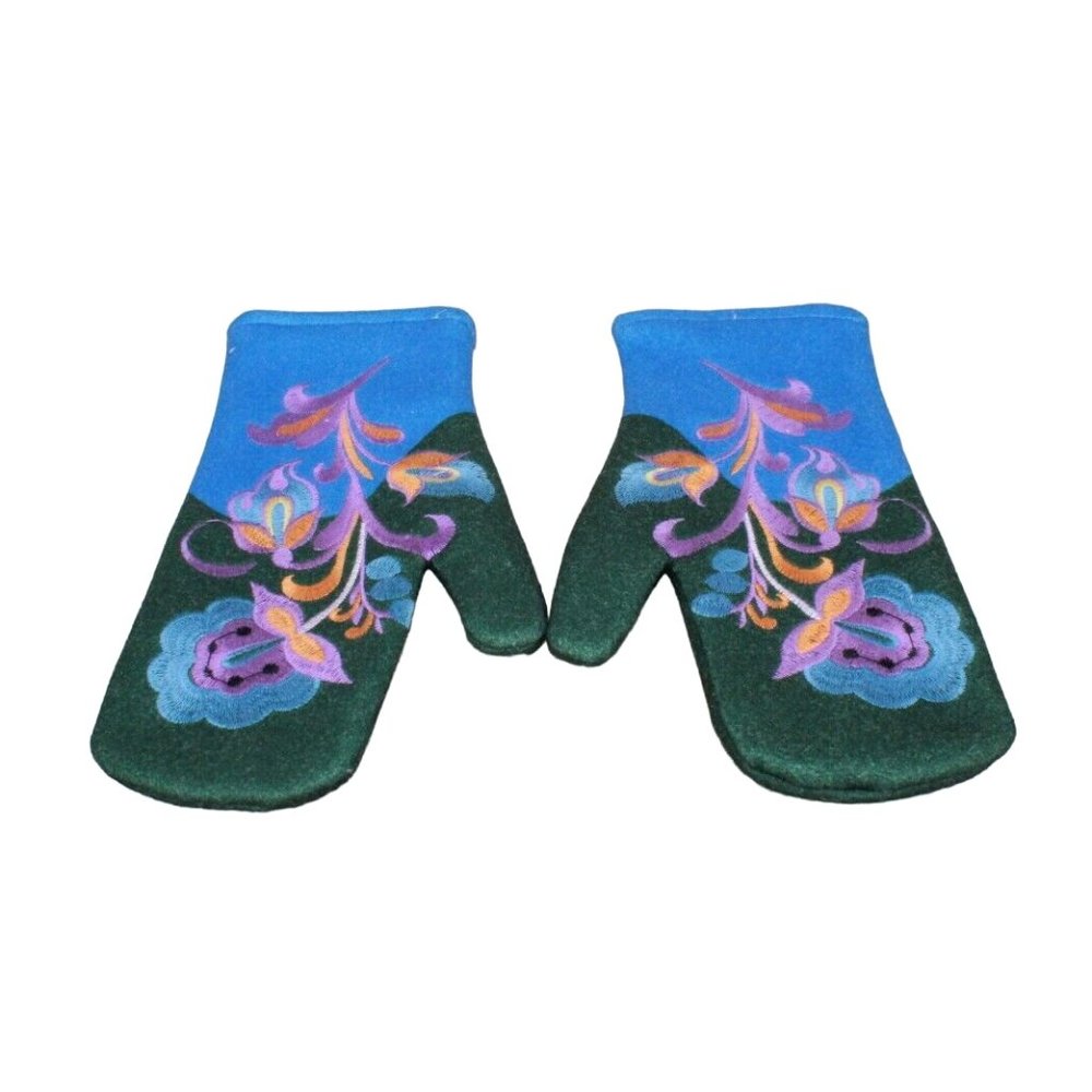 New! Blue Green Wool Floral Embroidered Faux Fur Lined Felt Mittens Size Large - Picture 5 of 10